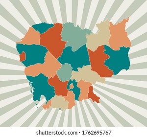 Cambodia map. Poster with map of the country in retro color palette. Shape of Cambodia with sunburst rays background. Vector illustration.