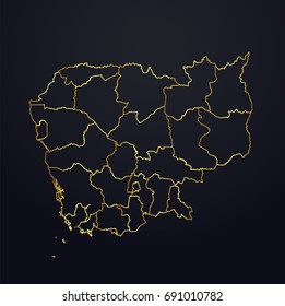 cambodia map. cambodia region map: golden gradient outline on dark background. Detailed map of cambodia regions. Vector illustration.