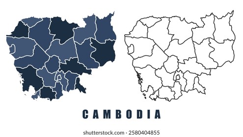 Cambodia map regions border outline vector set