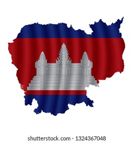 Cambodia map with rippled flag on white illustration. Waving Fabric Flag Map of Cambodia. Map of Asia. Vector White Background. Vector illustration eps10.