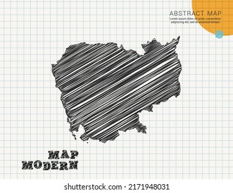Cambodia map of vector black silhouette chaotic hand drawn scribble sketch on grid paper used for notes or decoration.