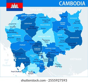 Cambodia Map Vector Blue Spot - Customizable layered political map of Cambodia with administrative divisions for website, education, reports, news, politics, print, poster and wallpaper