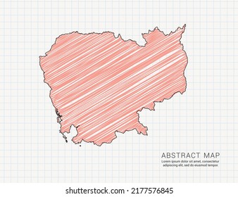 Cambodia map of vector color silhouette chaotic hand drawn scribble sketch on grid paper.
