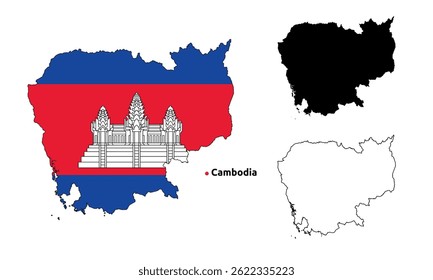 Cambodia Map Vector - Country Outline, Flag Inside Map, Blank and Silhouette Version
