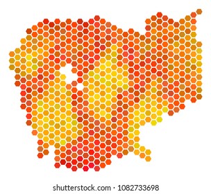 Cambodia map. Vector hex tile territory scheme in flame color tones. Abstract Cambodia map concept is combined of flame hex-tile spots.