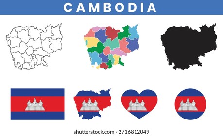 Vetor do mapa do Camboja com províncias e conjunto de bandeiras nacionais