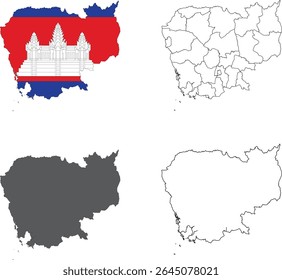 Cambodia Map Vector Set - Political, Outline, Flag and Solid Styles