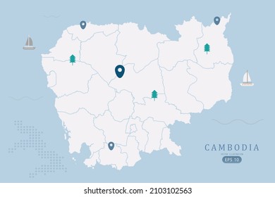 Mapa de Camboya - Mapa mundial de la plantilla vectorial internacional Alto detalle con color blanco aislado en fondo azul incluyendo punto de ubicación simple, árbol, icono del barco - Ilustración vectorial eps 10