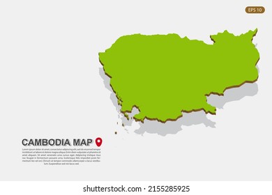 Cambodia Map - World map International vector template with isometric style including shadow, green and brown color isolated on white background for design - Vector illustration eps 10