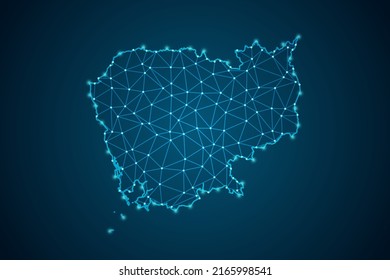 Mapa de Camboya - Línea de máscaras del Mapa Mundial y escalas puntuales sobre fondo de tecnología azul. Malla 3D del marco de cables línea de red poligonal, esfera de diseño, punto y estructura - Ilustración vectorial eps 10
