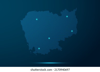 Cambodia Map - World Map vector template with dots, grid, grunge, halftone style and light, network line, design sphere on blue technology background -  Vector illustration eps 10