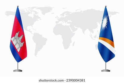 Cambodia and Marshall Islands flags for official meeting against background of world map.