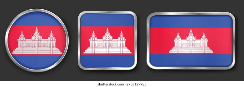 CAMBODIA Metallic Flag Collection, Circular, Square and Rectangular CAMBODIA Flag Badges Set