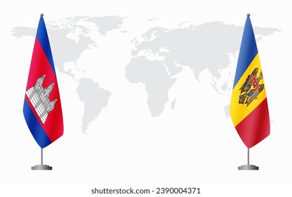 Cambodia and Moldova flags for official meeting against background of world map.