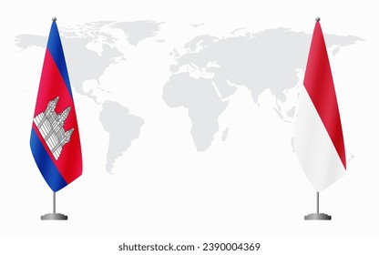 Cambodia and Monaco flags for official meeting against background of world map.