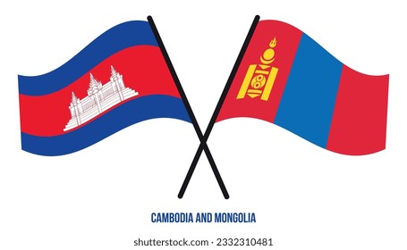 Banderas de Camboya y Mongolia Cruzadas y ondeadas de estilo plano. Proporción oficial. Colores correctos.