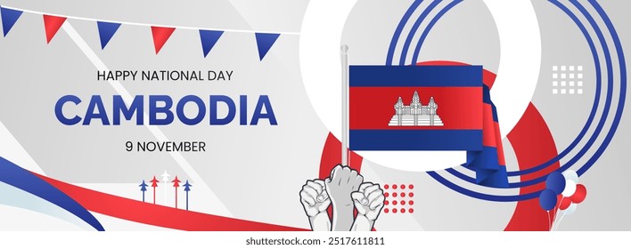 Cambodia National Day background with raised fist and abstract shapes in flag colors, blue, red and white. Creative templates for independence day greeting card, sporting event, and horizontal poster