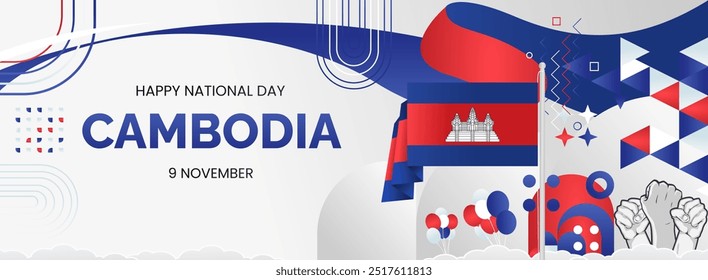 Cambodia National Day background with raised fist and abstract shapes in flag colors, blue, red and white. Creative templates for independence day greeting card, sporting event, and horizontal poster