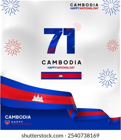 Anuncio del día nacional de Camboya en estilo moderno con el día de la independencia del aniversario del logotipo de 71 años y la combinación con la bandera de la cinta de Camboya como texto editable de fondo de la Ilustración vectorial eps