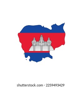 Cambodia - national flag in a shape of country map silhouette with thin black outline. Simple flat vector icon.