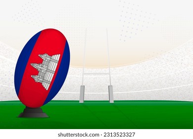 Selección nacional de rugby de Camboya en estadio de rugby y en puestos de gol, preparándose para un penal o patada libre. Ilustración vectorial.