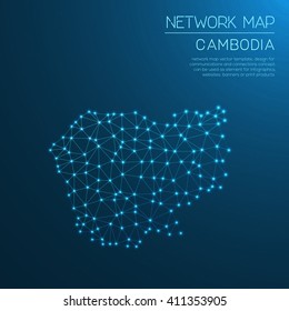 Cambodia network map. Abstract polygonal Cambodia network map design with glowing dots and lines. Map of Cambodia networks. Vector illustration.
