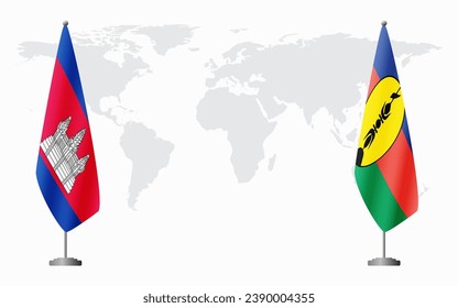 Cambodia and New Caledonia flags for official meeting against background of world map.