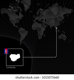 Cambodia on black World Map. Map and flag of Cambodia.