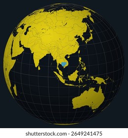Cambodia on Globe. Country view on the world map in Charcoal Bright Yellow color palette. Cambodia shape on map. Globe with meridians, parallels, countries, rivers and lakes.