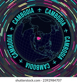 Cambodia on globe. Satelite view of the world centered to Cambodia. Bright neon style. Futuristic radial bricks background. Appealing vector illustration.