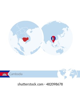 Cambodia on world globe with flag and regional map of Cambodia. Vector Illustration.