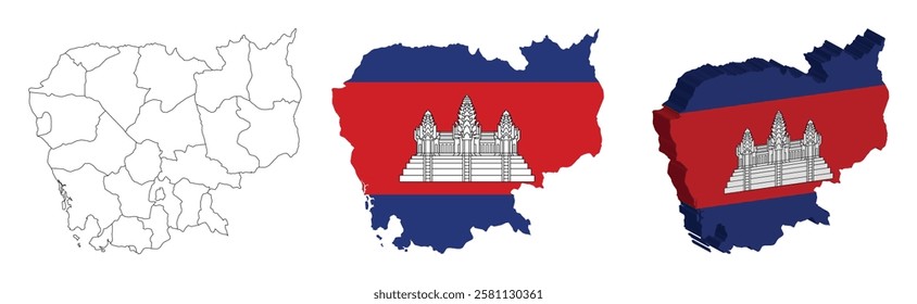 Cambodia outline, fill with flag and 3d map