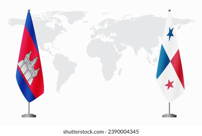 Cambodia and Panama flags for official meeting against background of world map.