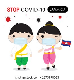 Cambodia People to Wear National Dress and Mask to Protect and Stop Covid-19. Coronavirus Cartoon Vector for Infographic.  