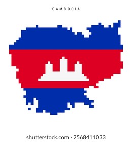 Cambodia pixel flag map icon. 8 bit pixel art Cambodian map covered with flag. Flat vector illustration isolated on white background.