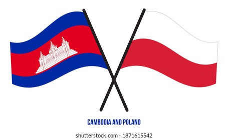 Cambodia and Poland Flags Crossed And Waving Flat Style. Official Proportion. Correct Colors.