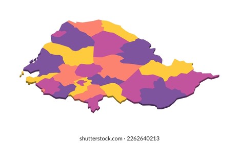 Cambodia political map of administrative divisions - provinces and autonomous municipality of Phnom Penh. Isometric 3D blank vector map in four colors scheme.