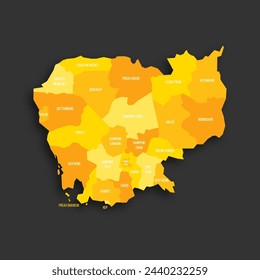 Cambodia political map of administrative divisions - provinces and autonomous municipality of Phnom Penh. Yellow shade flat vector map with name labels and dropped shadow isolated on dark grey