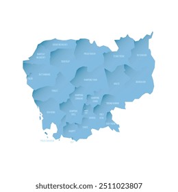 Cambodia political map of administrative divisions - provinces and autonomous municipality of Phnom Penh. Shaded vector map with 3D-like blue gradient and name labels