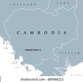 Cambodia political map with capital Phnom Penh and English labeling. Kampuchea, a kingdom and country in the southern portion of the Indochina Peninsula in Southeast Asia. Gray illustration. Vector.