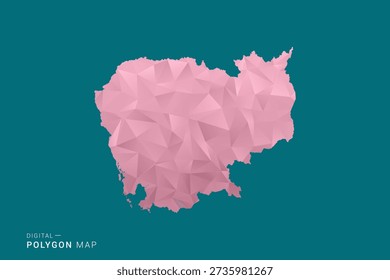 Cambodia polygon map vector illustration in low poly geometric style, soft pastel colors with pink and teal green tones, clean silhouette on solid background, ideal for infographic.