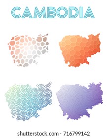 Cambodia polygonal map. Mosaic style maps collection. Bright abstract tessellation, geometric, low poly, modern design. Cambodia polygonal maps for infographics or presentation.