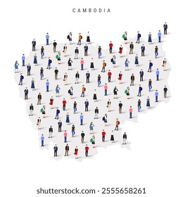 Cambodia population map. Large group of realistic a diverse crowd of people figures in a shape of Cambodian map. Flat vector illustration isolated on white.