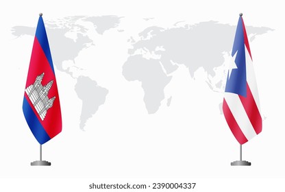 Cambodia and Puerto Rico flags for official meeting against background of world map.