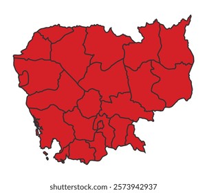 Cambodia red map with border of regions outline vector