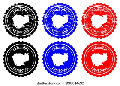 Cambodia - rubber stamp - vector, Kingdom of Cambodia map pattern - sticker - black, blue and red