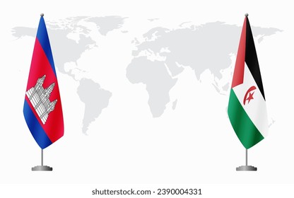 Cambodia and Sahrawi Arab Democratic Republic flags for official meeting against background of world map.