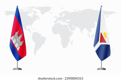 Cambodia and Saint Martin flags for official meeting against background of world map.