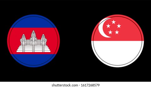 Cambodia and Singapore flag circle on a black background