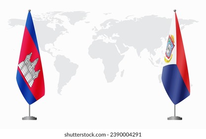 Cambodia and Sint Maarten flags for official meeting against background of world map.